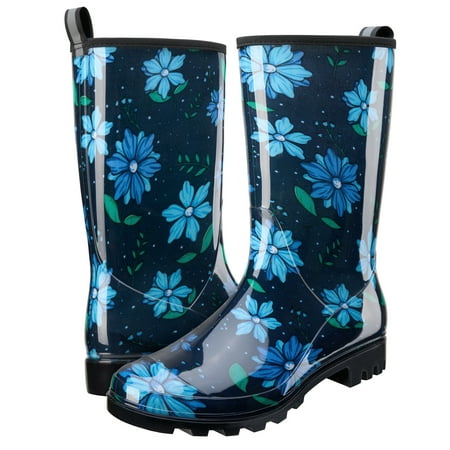 

HISEA Women s Rain Boots Waterproof Non-slip Mid Calf Garden Boots，Blue Flower Size 10