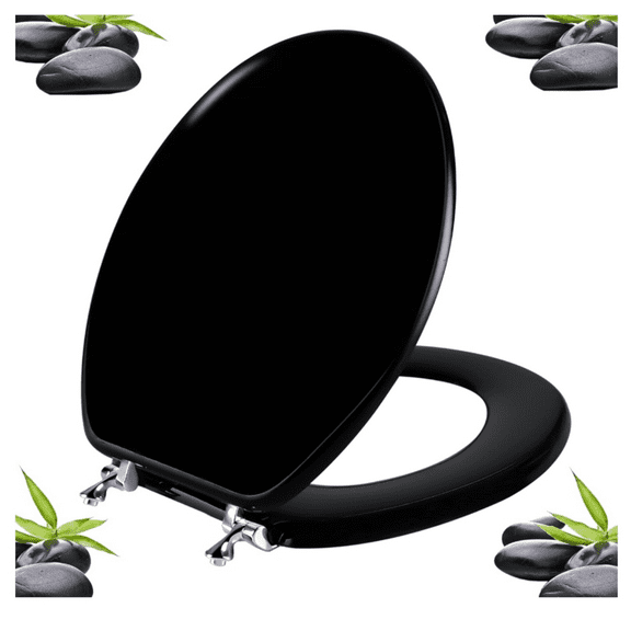 Black Round Toilet Seat Natural Wood Toilet Seat with Zinc Alloy Hinges, Easy to Install also Easy to Clean, Scratch Resistant Toilet Seat