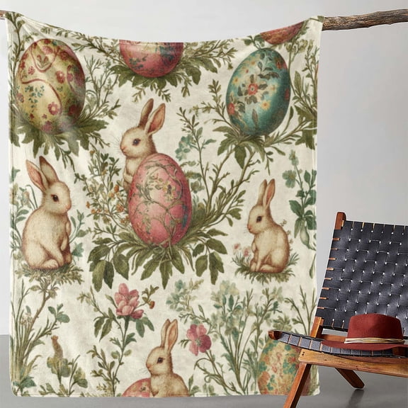 Vintage Easter Bunny Floral Spring Blanket - Soft Flannel Throw with Rabbit, Tulips, Daffodils in Pastel Pink, Green,  - All-Season Cozy Blanket for Couch, Bed, Travel, Camping -Machine Washable