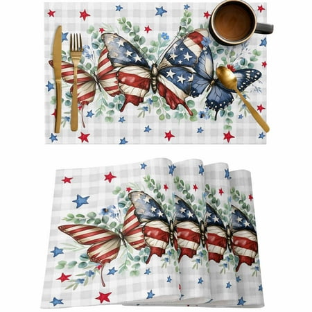 

Independence Day Butterfly USA Flag Placemats Set of 4 Wipeable Washable Table Mats for Dining Tables Star Eucalyptus Leaves Place Mats for Kitchen Event Party Tabletop Decor