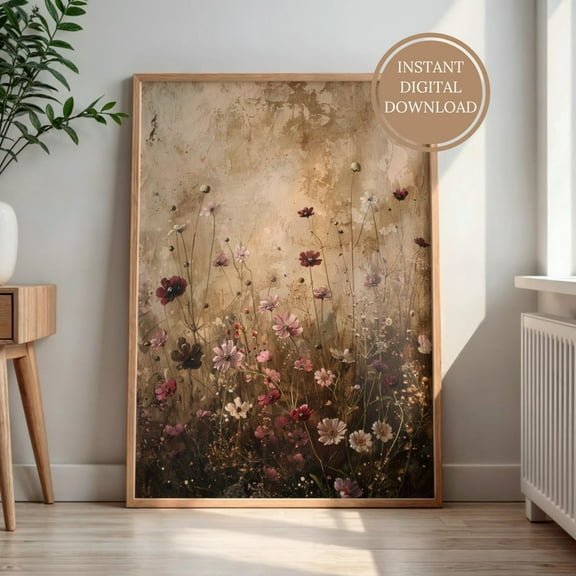 Moody Vintage Flowers Poster Wall Art Dark Rustic Wildflower Print Burgundy Botanical Abstract Decor UNFRAMED Poster, 8x12