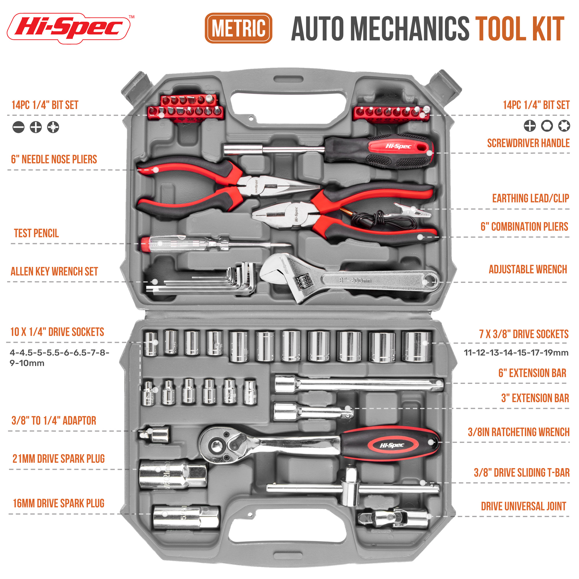 Hi-Spec Tools 67Pc Metric Auto Mechanic Tool Set, Motorcycle & Car Tool Kit, Auto Repair Tool Set with Pliers, Screwdriver Set, Socket Kit & Tool Box Storage Case for Cars, Trucks, Boats RVs & Jeeps. - image 3 of 8