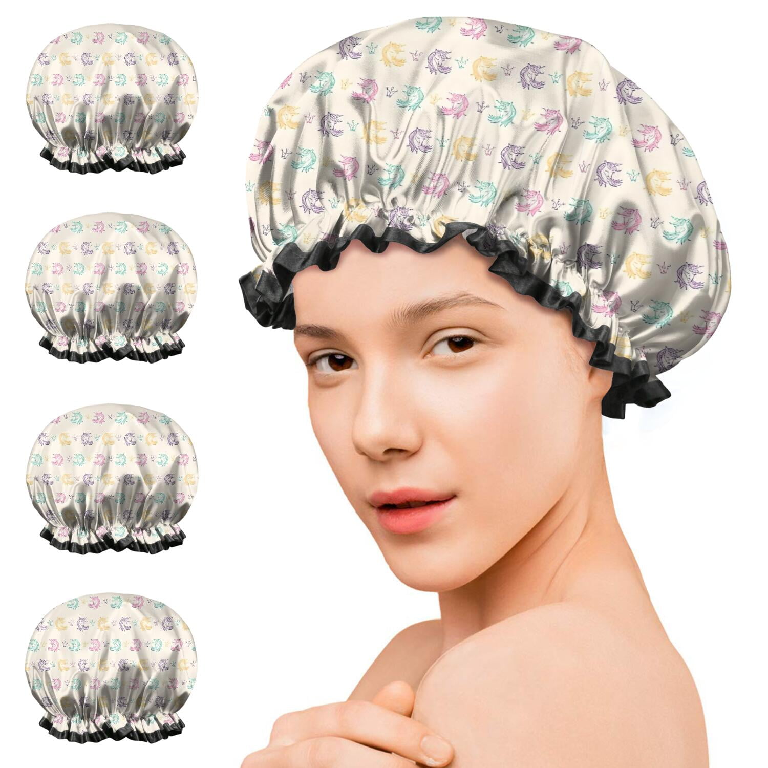 Shower Caps,Pastel Unicorn Pattern Waterproof Shower Cap for Women 4 Pieces,Double Reusable Hair Cover for Shower PEVA Elastic Stretch Hem