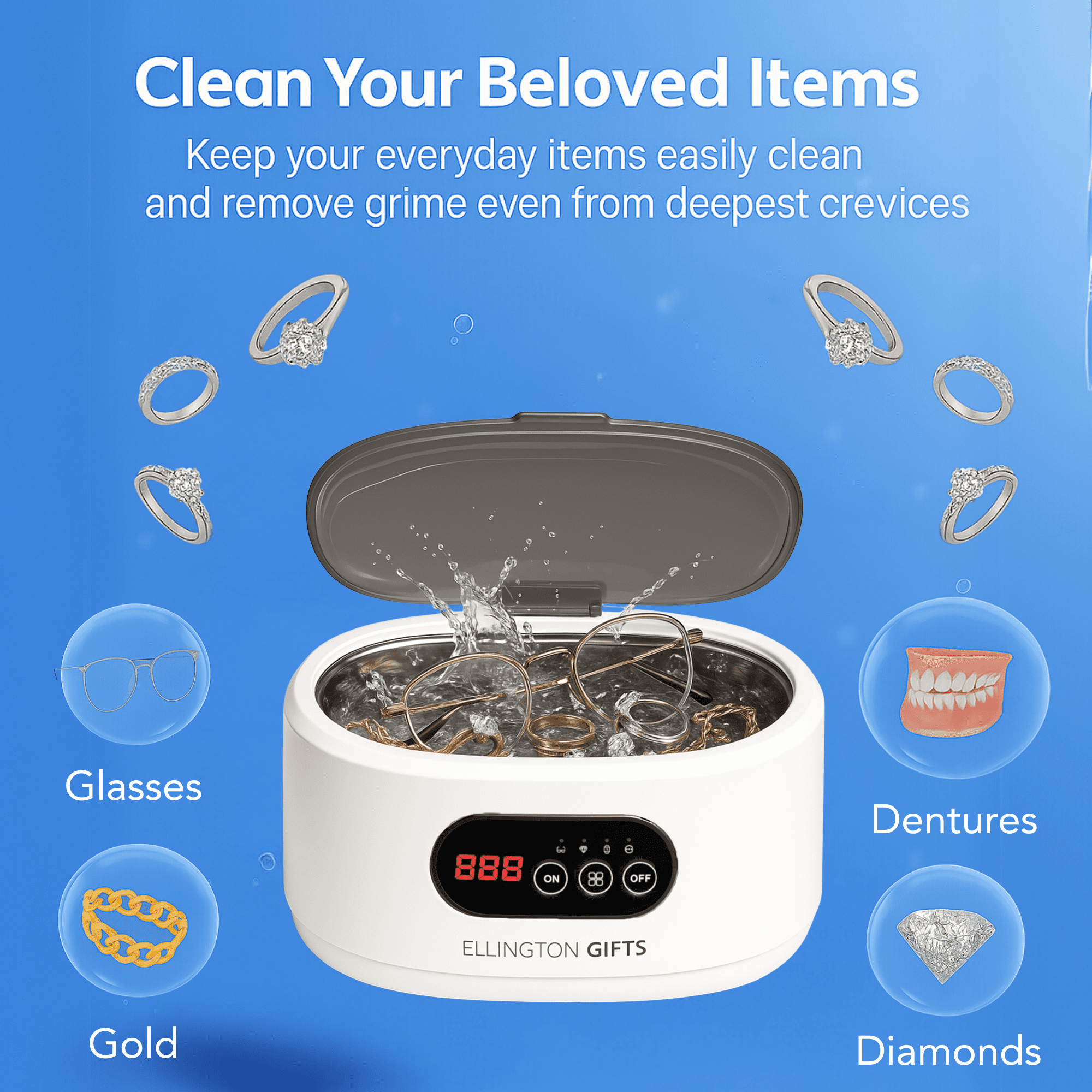 Ultrasonic Jewelry Denture Cleaner 22Oz – 48kHz Sonic Cleaner with 5 Timer Modes, 35W Power – for Rings, Retainers, Dentures, Eyeglasses, Silver, Watches, Coins & Jewelry Cleaning