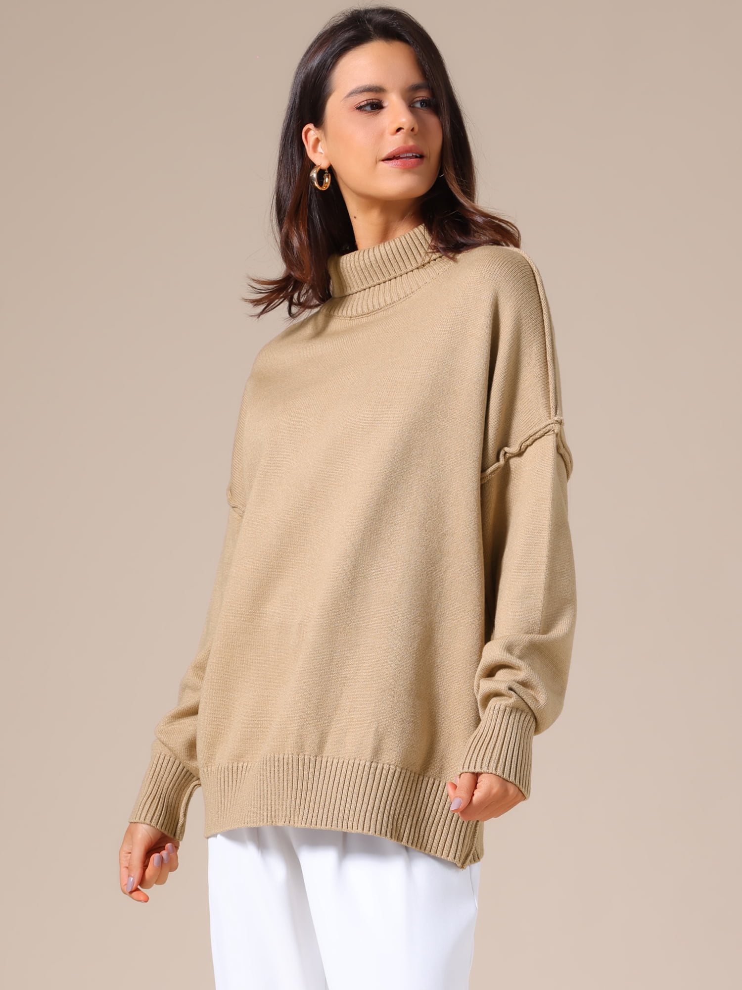 DARING DIVA Women's Oversized Mock Neck Long Sleeve Pullover Sweater 2XL Khaki