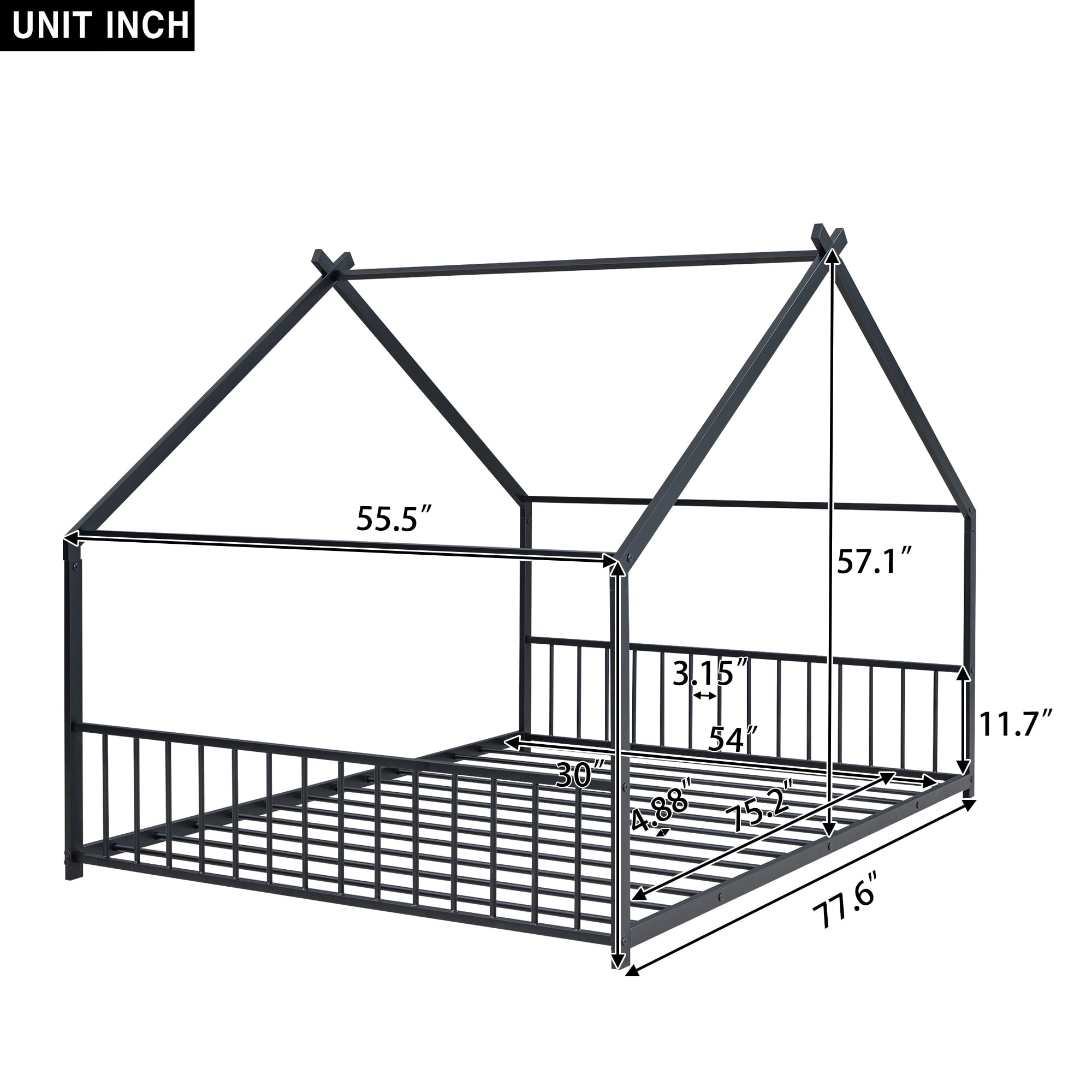 Aukfa Full Size Metal House Bed, Montessori Floor Bed for Kids Toddler, Black