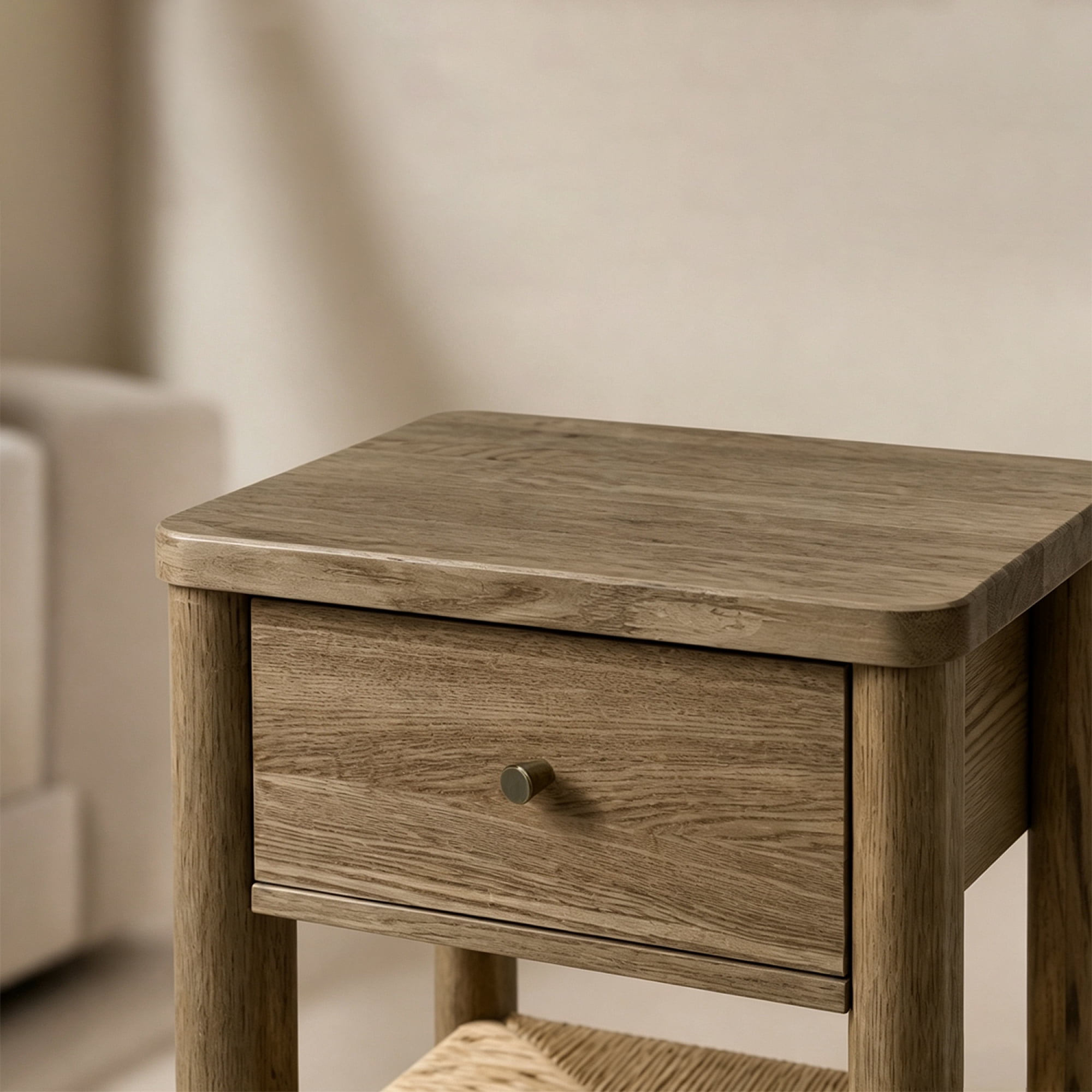 Leumius End Table with Rounded Edge Tabletop, Solid Wood Round Legs, Woven Jute Storage Shelf & Drawer, Nightstand for Bedroom Living Room Grey