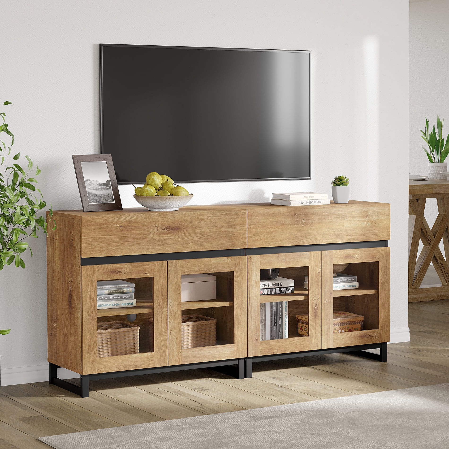 Modern TV Stand with Glass Door & Drawer, Metal Base Entertainment Console up to 70 Inch TVs, Media Console for Living Room & Bedroom,Oak