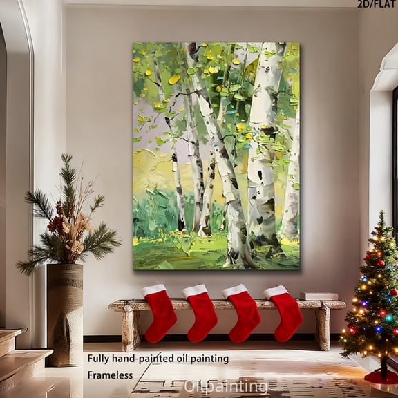 1pc Hand-Painted Large Abstract Birch Trees Oil Painting on Canvas - Modern White & Green Birch Forest Landscape, Frameless Wall Art for Living Room, Bedroom