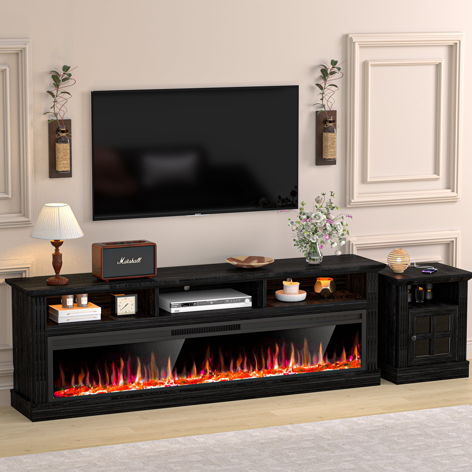 HARIPUL 58" Fireplace TV Stand for TVs Up to 65" with 52" Electric Fireplace,White Entertainment Center with Storage Cabinets,Led Light TV Consoles for Living Room,Black/Log Fireplace