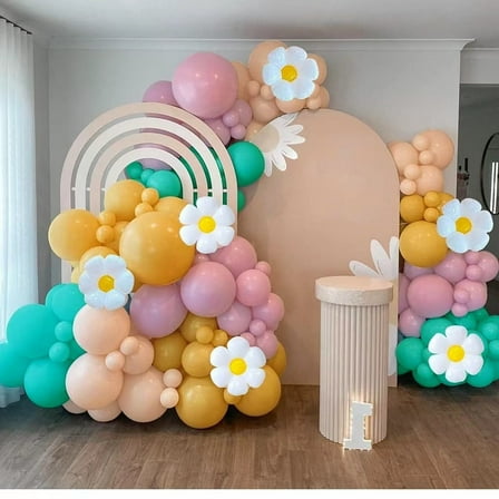 SKTMH 145Pcs Daisy Balloon Garland Arch Kit Daisy Party Decorations Yellow Pink Green Balloon Arch Pastel Balloon Arch Daisy Balloons for Spring Girl Birthday Flower Party Decorations Garden Floral
