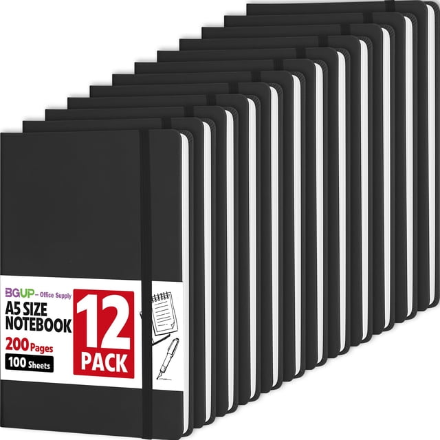 Cuaderno de diario BGUP tapa dura A5, rayado universitario, 200 páginas, paquete de 12