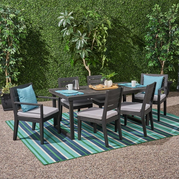 Zoe Outdoor 7 Piece Acacia Wood Dining Set with Cushions, Sandblast Dark Grey, Light Gray