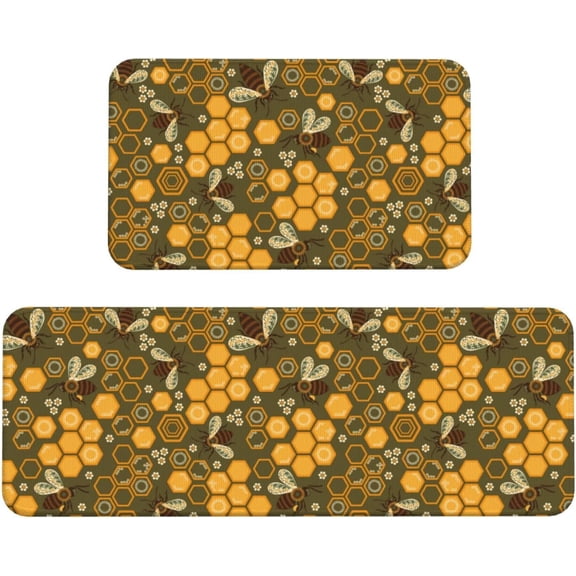 Bees and Honeycombs Kitchen Mat 2PCS Kitchen Rugs, Cushioned Anti Fatigue Non Skid Waterproof Floor Mats for Home,Office,Sink,Laundry,Desk
