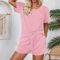thumbnail image 2 of Womens Shorts 2 Piece Sets Summer Short Sleeve Drawstring High Waisted Shorts Matching Crop Athletic Relaxed Fit Tops Sports Clothes Pink XL, 2 of 4