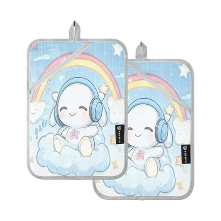 

Oven Mitts 2 Pcs Pot Holders Sets Heat Resistant Hot Pads for Kitchen Cooking Baking 7 x9.8 Lovely Rabbit Rainbow Clouds Stars