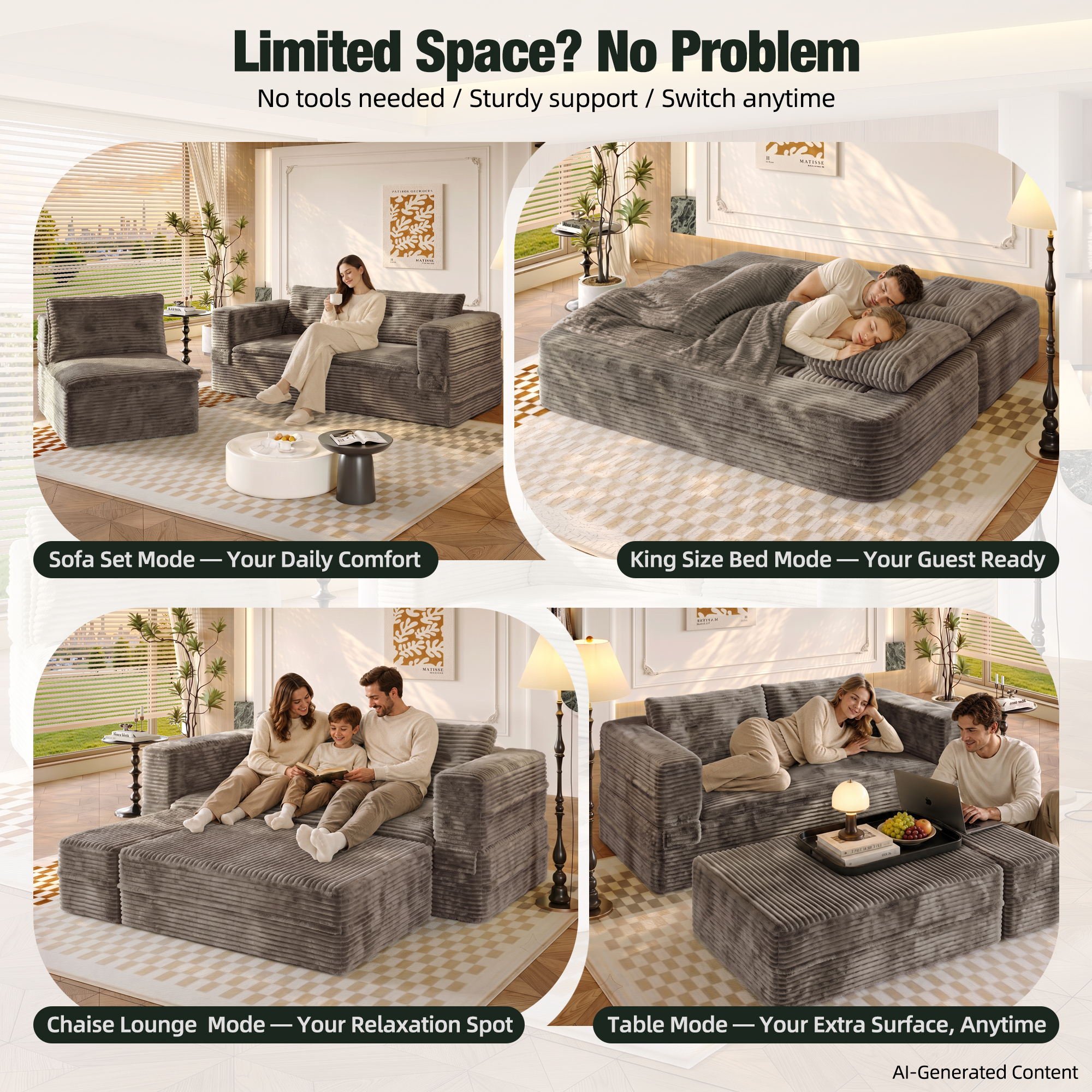 HOQBN 80" King Size Sleeper Sofa Bed, Plush Corduroy Deep Seat Sofa Couch with Independent Chaise and Functional Blanket for Living Room, Bedroom Coffee