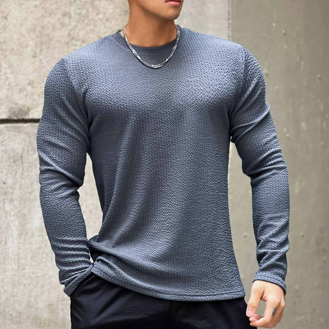Men Fashion Solid Color Fall Style Cultivate Oneself Pullover Long Sleeved Round Neck Base Coat Top
