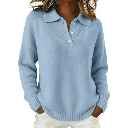 WTXUE Women s Buttoned Polo Knit Sweater Comfortable Soft Long Sleeve Shirt Fall Fashion Tops Relaxed Fit Tunic Dressy Casual Pullover Sweater Clothes Cute Trendy Work Outfits Sky Blue Xxl