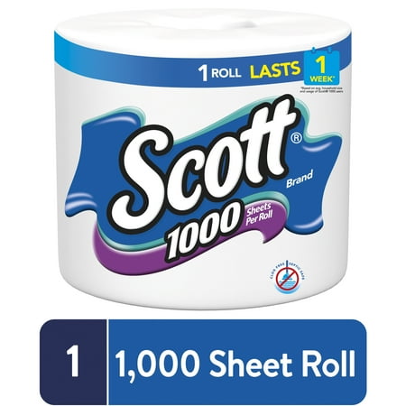 Scott 1000 Toilet Paper, 1 Roll, 1000 Sheets, 1-Ply, Septic-Safe