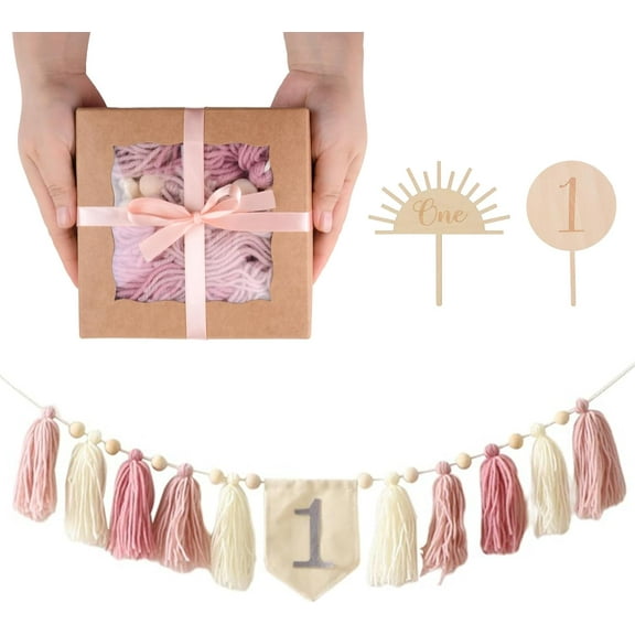 1Pcs 1st Birthday Banner High Chair Banner Handmade Ribbon Banner Boho High Chair Fabric Garland Pink Wall Hangings for first Birthday Party