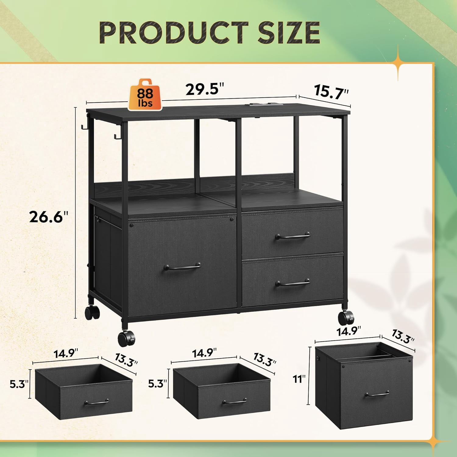 HZshop 3 Drawer File Cabinet with Charging Station, Rolling Printer Stand for Office Storage, Mobile Filing Cabinet fits Under Desk Storage, Black