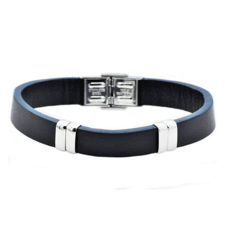 Arista Men's Bracelet in Black and Blue Leather Stainless Steel, 8.5"
