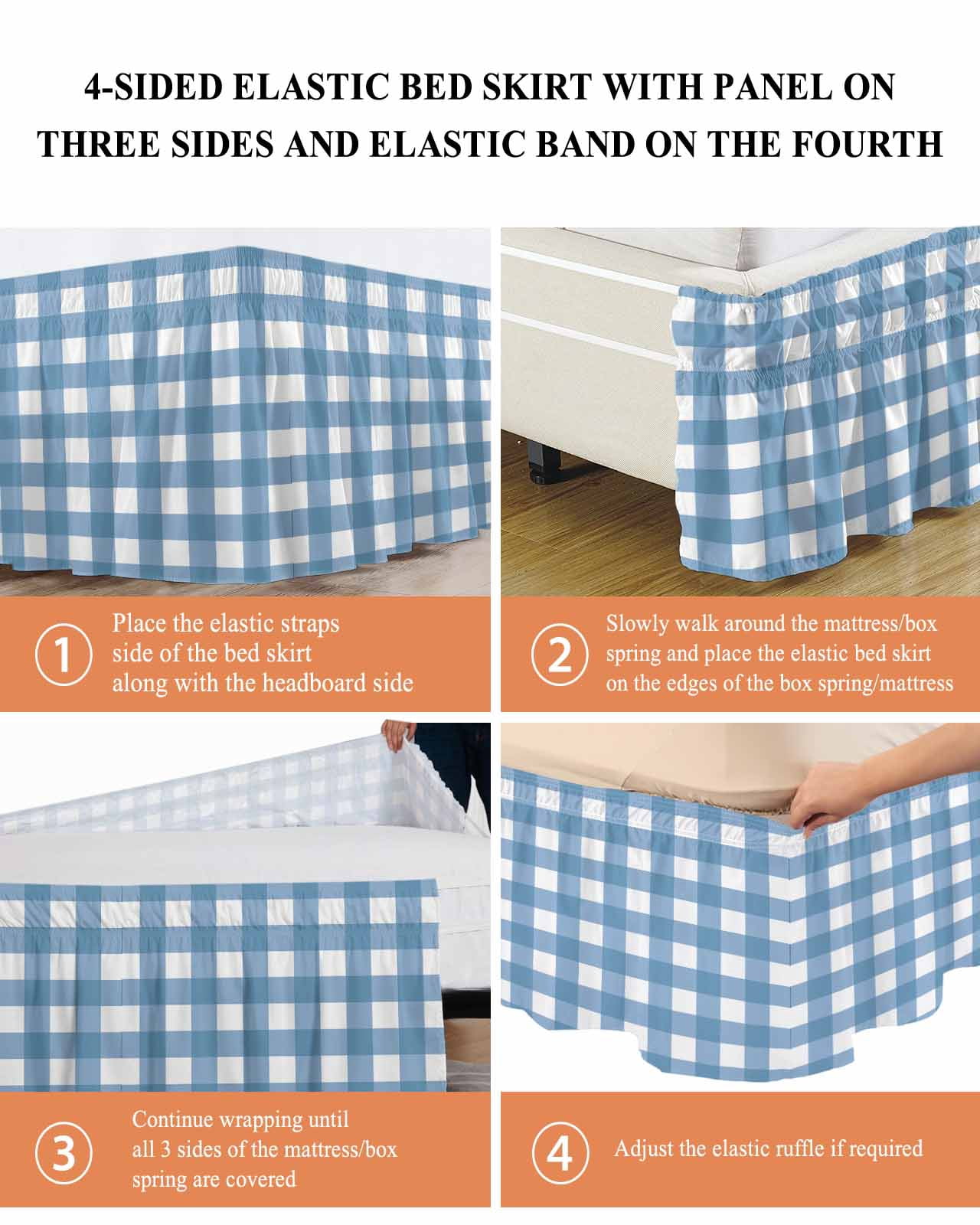Blue White Plaid Wrap Around Bed Skirts for California King Bed 16" Drop,Bed Skirt with Adjustable Elastic Belt Dust Ruffle Bed Valance Gradient Geometric Buffalo Checkered Bed Frame Cover