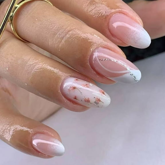 24 Pcs French Tip Press on Nails Short Acrylic Nails with Flowers Designs Almond False Nails for Women Manicure Nails