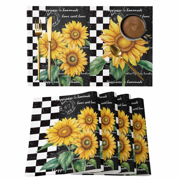 Farmhouses Sunflowers Placemats Set of 12, Yellow Floral Vintage Black White Plaid Non-Slip Place Mats Washable Table Mats for Kitchen Dining Table Decorations Indoor/Outdoor
