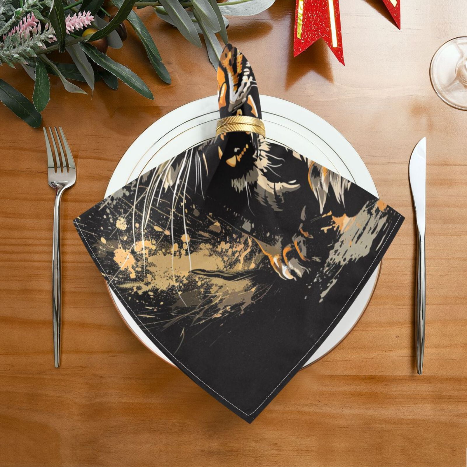 JSTEL Tiger Swooping Howling Cloth Napkins Set of 6, 20x20 Inch Washable and Reusable Napkin for Decoupage Dinner Party Everyday Use