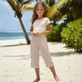 thumbnail image 3 of lnmuld Solid Kids Drawstring Capri Pants with Side Pockets and Slit Cuff Beige,9-10 Years, 3 of 6