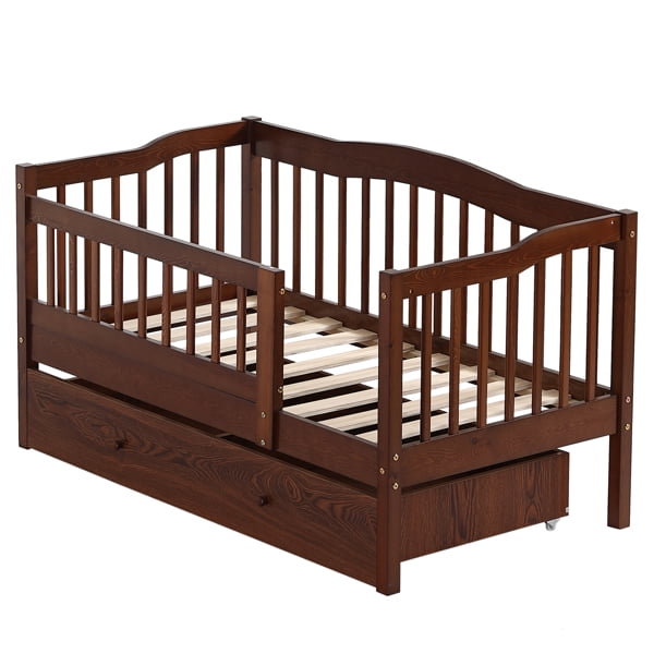 Pine Toddler Bed with Safety Side Rails & Bottom Drawer, Timeless Design for Nursery/Kid's Bedroom
