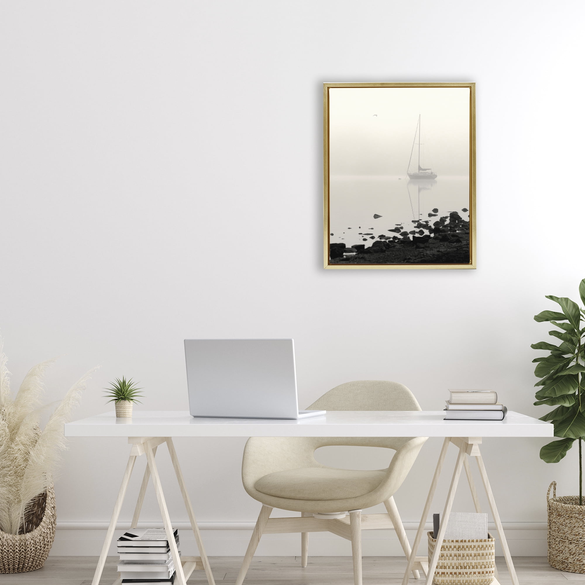 Stupell Industries Moored In Fog Gold Framed Floater Canvas Wall Art, design by Nicholas Bell