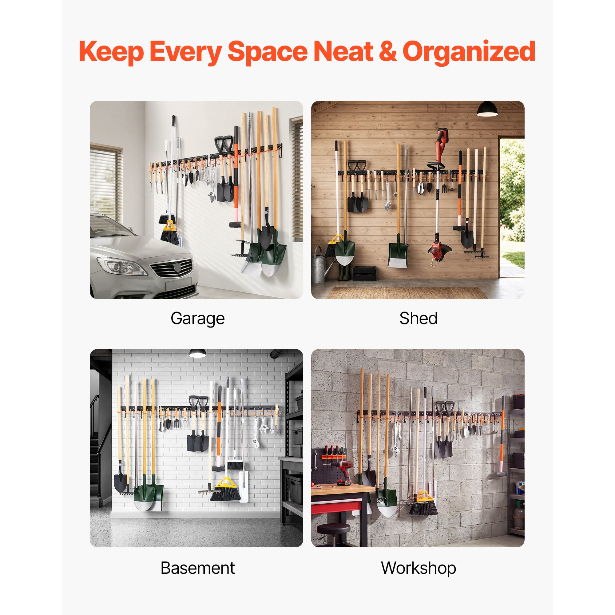 KFFKFF Garage Tool Organizer 68 Inch 450 lbs Wall-Mounted Storage Rack, Durable Hanging System with 4 Rails, 24 Fixed L-Hooks,and 20 Adjustable S-Hooks for Garden Tools,Shovels, and Shed Organization