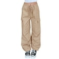thumbnail image 1 of xiaxaixu Women Baggy Pants Solid Color Drawstring Waist Cargo Pants Multiple Pockets Jogger Pants, 1 of 9