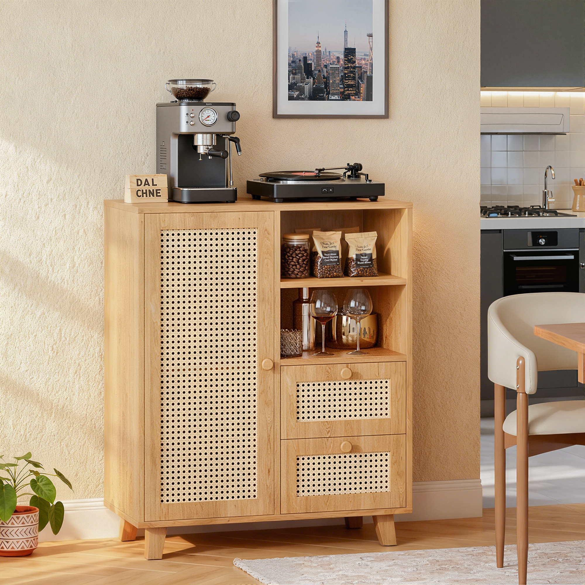 MAYEERTY Rattan Sideboard Cabinet with Drawers & Adjustable Shelf, Versatile Storage for Kitchen & Entryway, Natural
