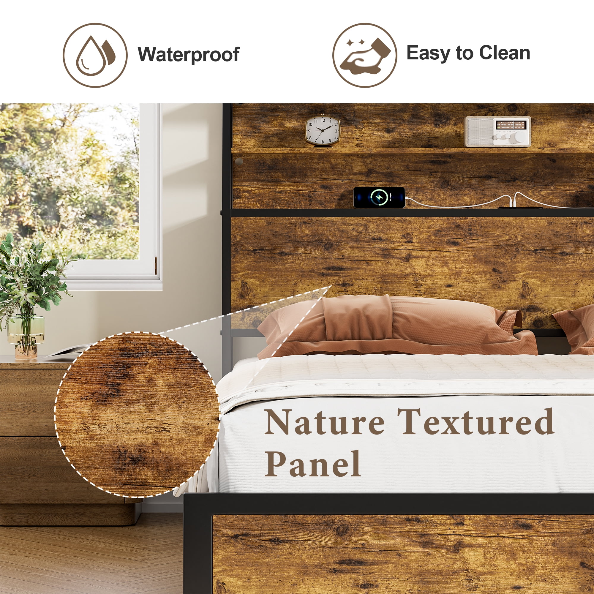 GUNAITO Full Bed Frame with Storage Headboard, 2 Drawers Platform LED Bed Frame with USB Ports & Outlets Brown