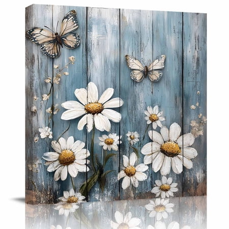 Wall Art Prints Vintage Daisy Framed Canvas Prints for Bedroom Living Room Bathroom Office Farmhouse Flower Butterfly Wooden Gallery Wrap Wall Art Poster for Gifts Home Decor 16 x16