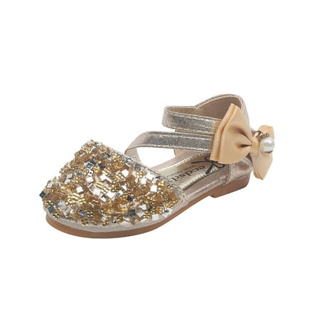 

Toddler Little Girl Dress Shoes Cute Fashion Pearl Bow Sequins Non-Slip Small Leather Princess Shoes