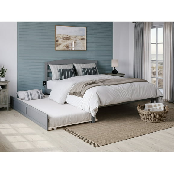 AFI Warren Solid Wood Queen Bed with Twin XL Trundle and USB Charger in Gray