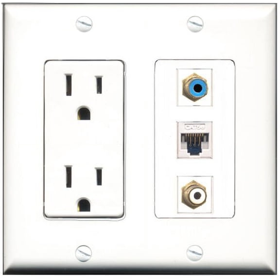RiteAV - 15 Amp Power Outlet 1 Port RCA White 1 Port RCA Blue 1 Port Cat5e Ethernet White Decorative Wall Plate