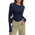 thumbnail image 2 of Women's Casual Basic Crop Tops Slim Fit Long Sleeve Crew Neck Solid Color Fall Pullover Shirts Tight Tee Navy M, 2 of 5