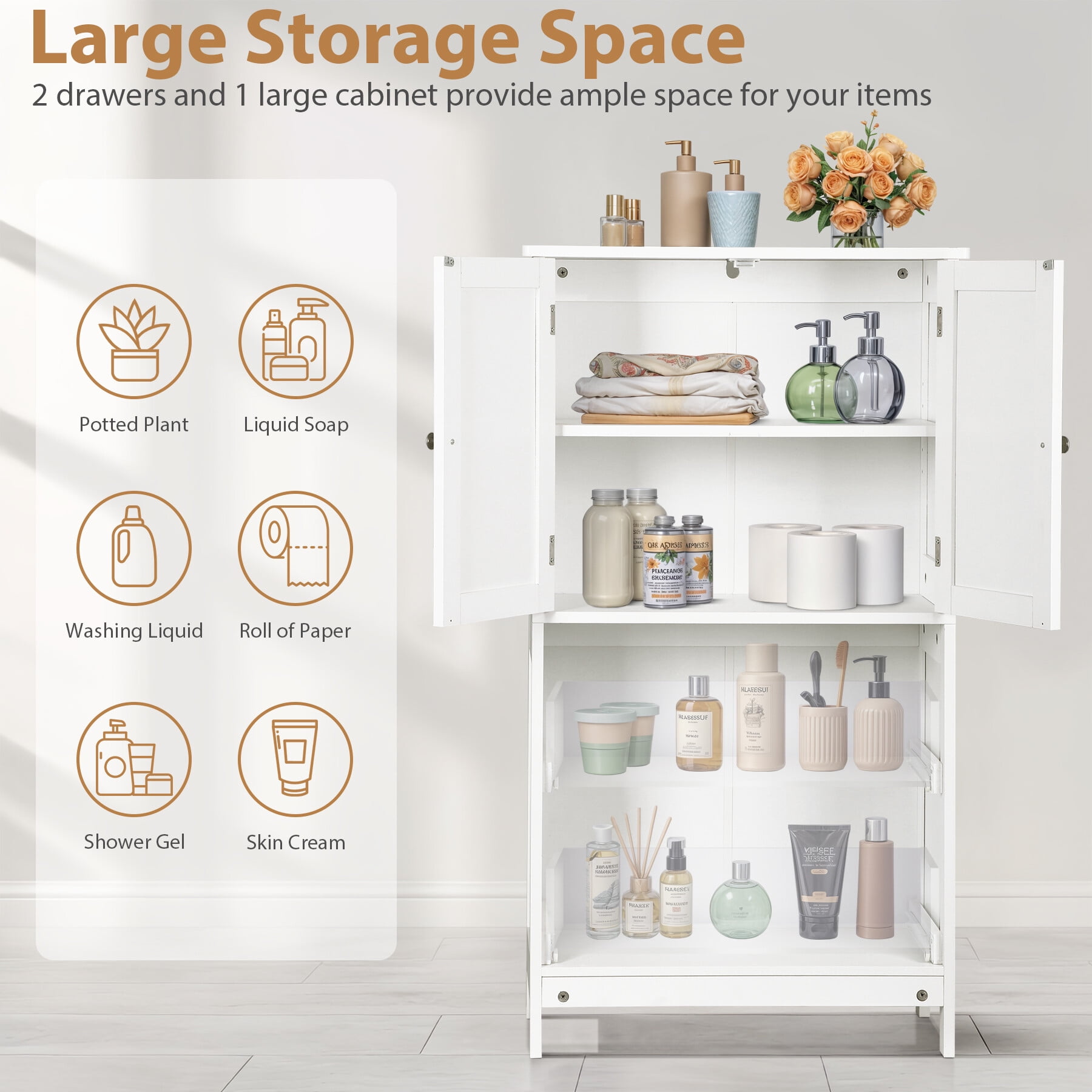 ZENY Bathroom Freestanding Floor Storage Cabinet Storage Unit with 2 Drawers and 2 Doors Adjustable Inner Shelf, White