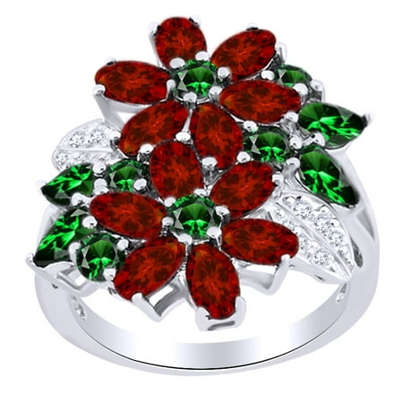Ornate Floral Ring 5.41 Ct Pear Cut Simulated Garnet, Green Emerald & White Topaz Floral Ring in 14k White Gold Over Sterling Silver Ring Size - 4 ()