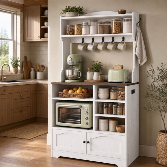 Bakers Rack with Power Outlet, 31.5 Inch Farmhouse Coffee Bar Cabinet with Storage, Microwave Stand with Cabinet and Hooks for Kitchen, Walnut