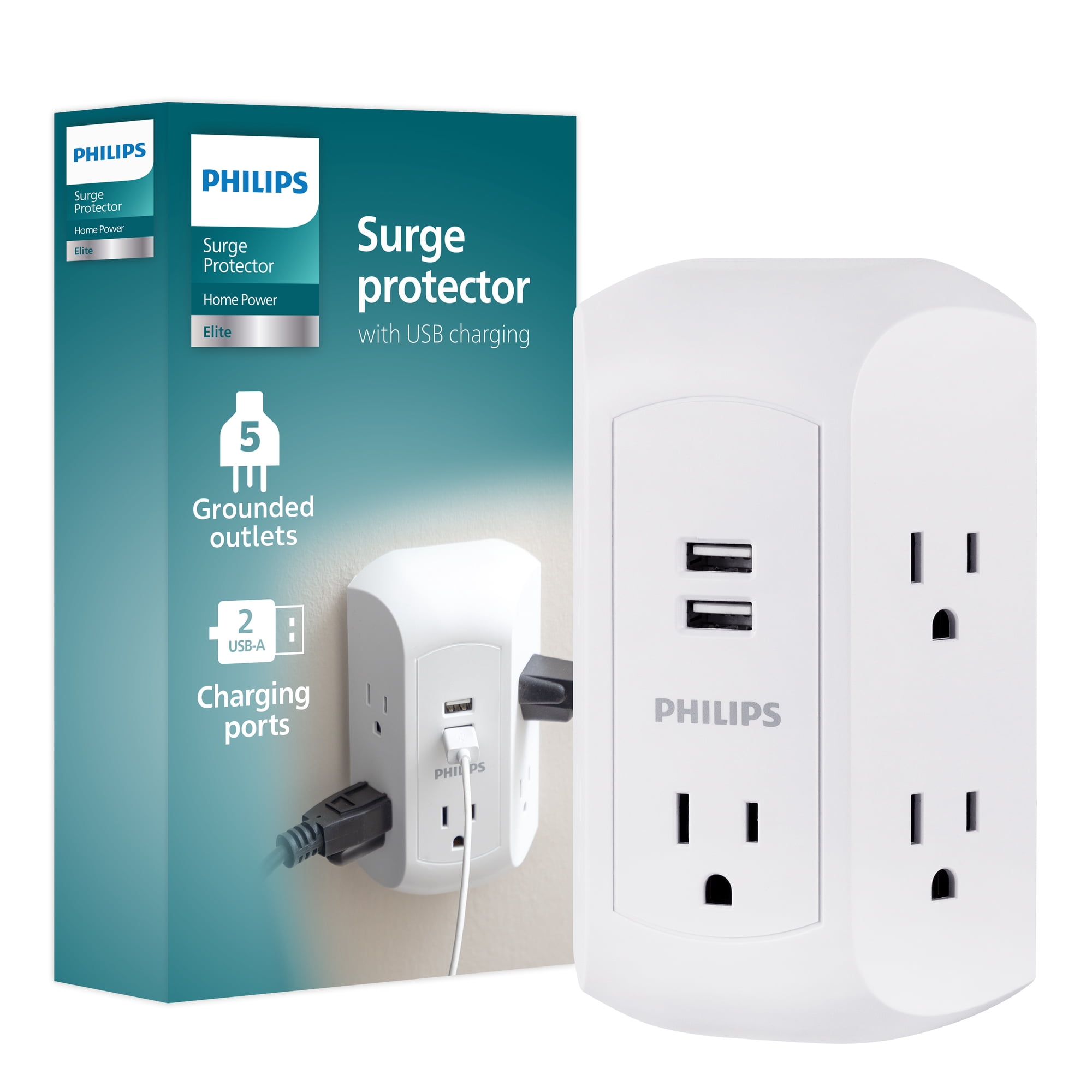 Philips 5-Outlet Grounded Tap, 2 USB Ports, 560J, 2.4A, White