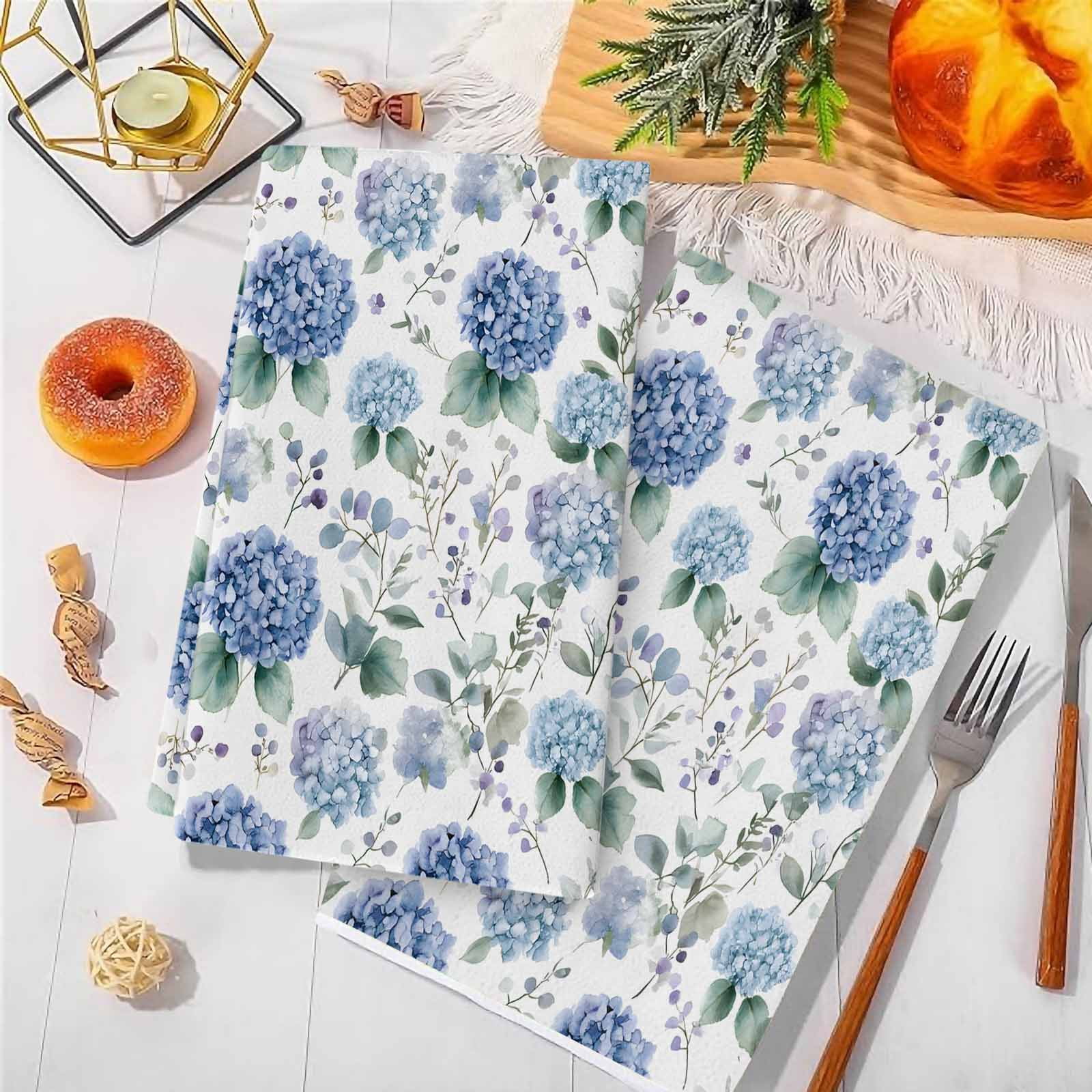 Blue Spring Floral Kitchen Towels Set of 2, Watercolor Botanical Elegant Soft Microfiber Dish Towels, Absorbent Quick-Dry Washable Dishcloths for Kitchen Cleaning, Drying Dishes, 18x28 Inches