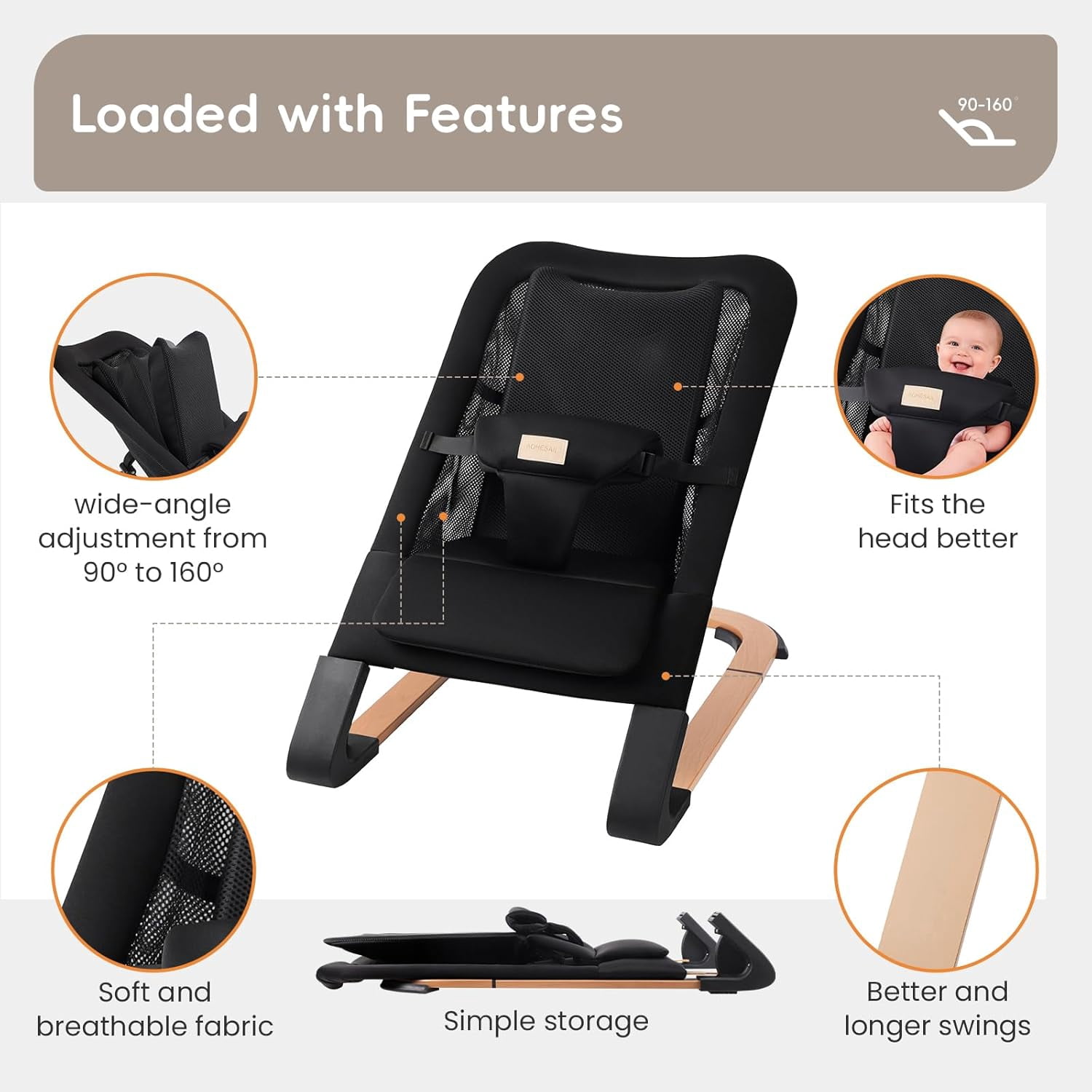 Portable Baby Bouncer & Rocker Seat for Infants, Adjustable Reclining Baby Chair with 3-Point Safety Harness, Lightweight Foldable Design for 0-18 Months, Supports Up to 60 lbs, Black