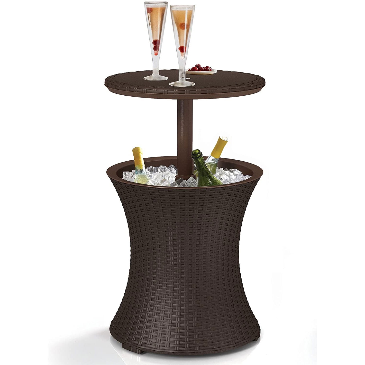 Keter Pacific 7.5 Gallon Cool Bar 2 in 1 Weather Resistant Side Table and Bar Durable Resin Outdoor Patio Beverage Cooler Table, Rattan Look Brown